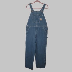 Carhartt Denim Bib Overalls Blue Workwear 38x30 R07 DST